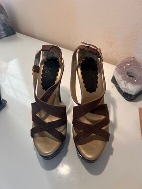 Kristoff brown suede strappy platform sandals, gold trim, black patent heel